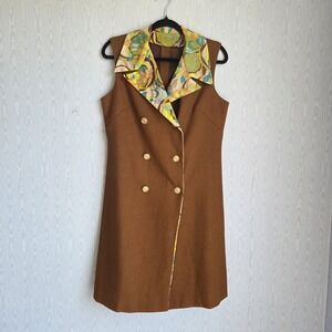 Vtg 60s M/L Double Breasted‎ Sheath Dress Neon Floral Mod Go-Go Brown Scooby Doo